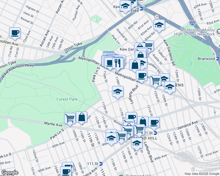 map of restaurants, bars, coffee shops, grocery stores, and more near 83-39 116th Street in Queens