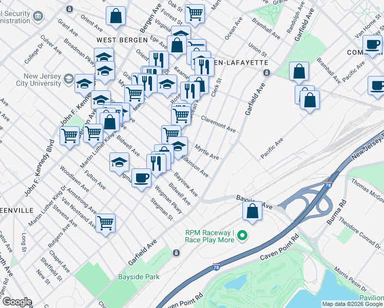 map of restaurants, bars, coffee shops, grocery stores, and more near 44 Clerk Street in Jersey City