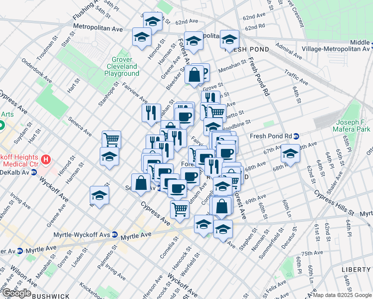 map of restaurants, bars, coffee shops, grocery stores, and more near 19-23 Palmetto Street in Queens
