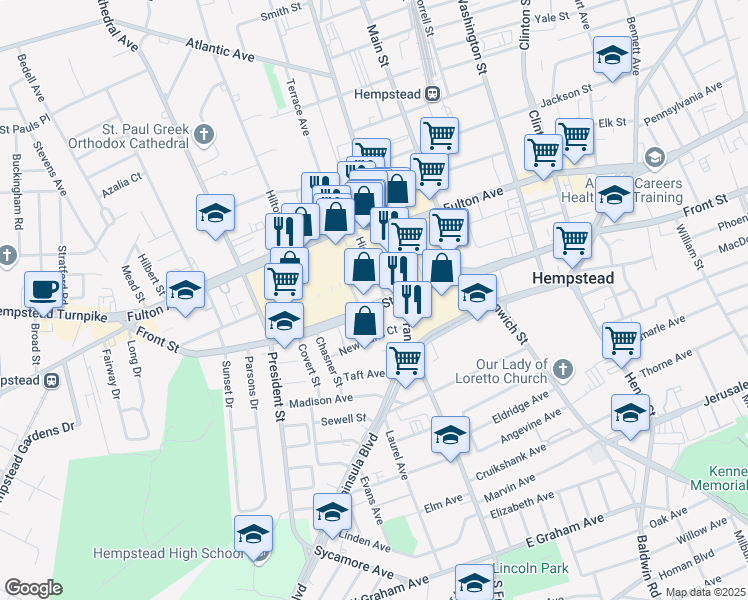 map of restaurants, bars, coffee shops, grocery stores, and more near 223 Front Street in Hempstead