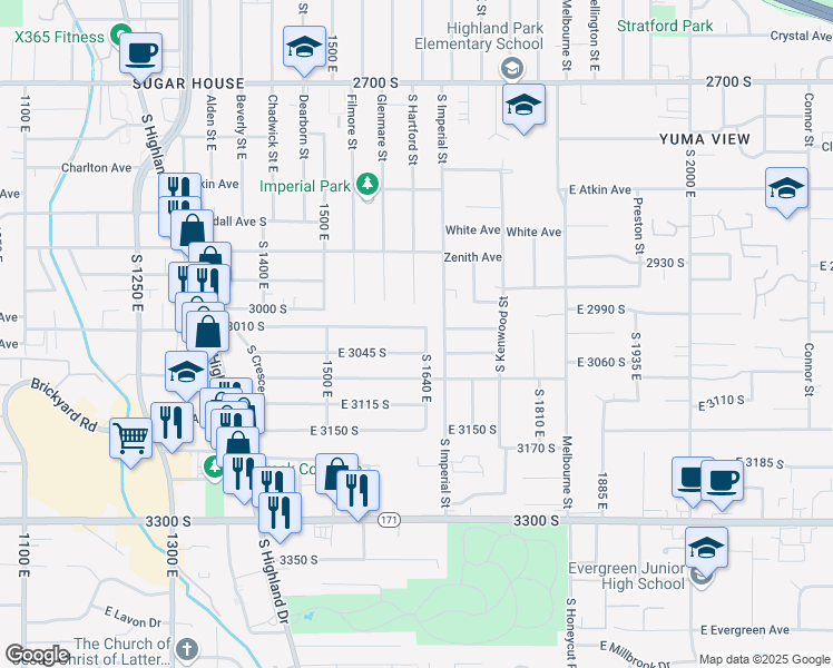 map of restaurants, bars, coffee shops, grocery stores, and more near 1626 East 3010 South in Salt Lake City