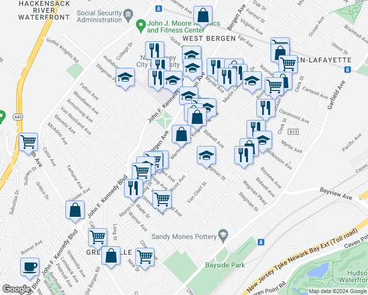 map of restaurants, bars, coffee shops, grocery stores, and more near 213 Stegman Street in Jersey City