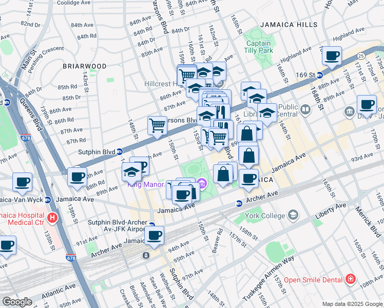 map of restaurants, bars, coffee shops, grocery stores, and more near 152-11 89th Avenue in Queens