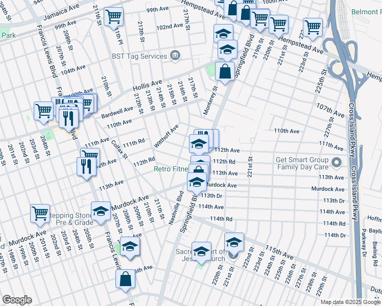 map of restaurants, bars, coffee shops, grocery stores, and more near 215-08 112th Avenue in Queens