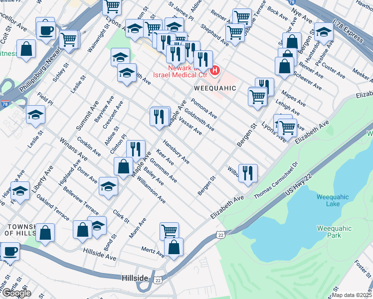 map of restaurants, bars, coffee shops, grocery stores, and more near 140 Chancellor Avenue in Newark