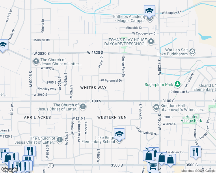 map of restaurants, bars, coffee shops, grocery stores, and more near 7522 Tam Drive in Magna