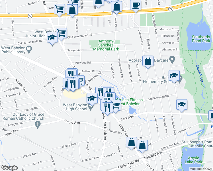 map of restaurants, bars, coffee shops, grocery stores, and more near 85 Claire Court in West Babylon