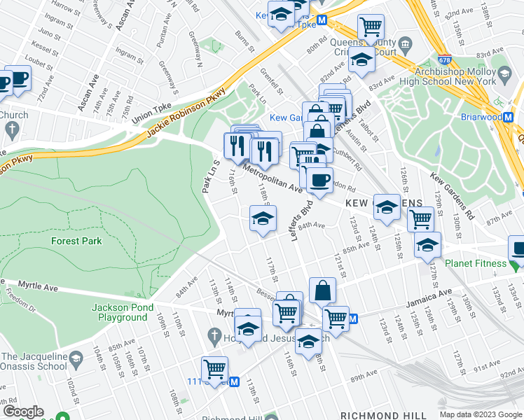 map of restaurants, bars, coffee shops, grocery stores, and more near 83-60 118th Street in Queens