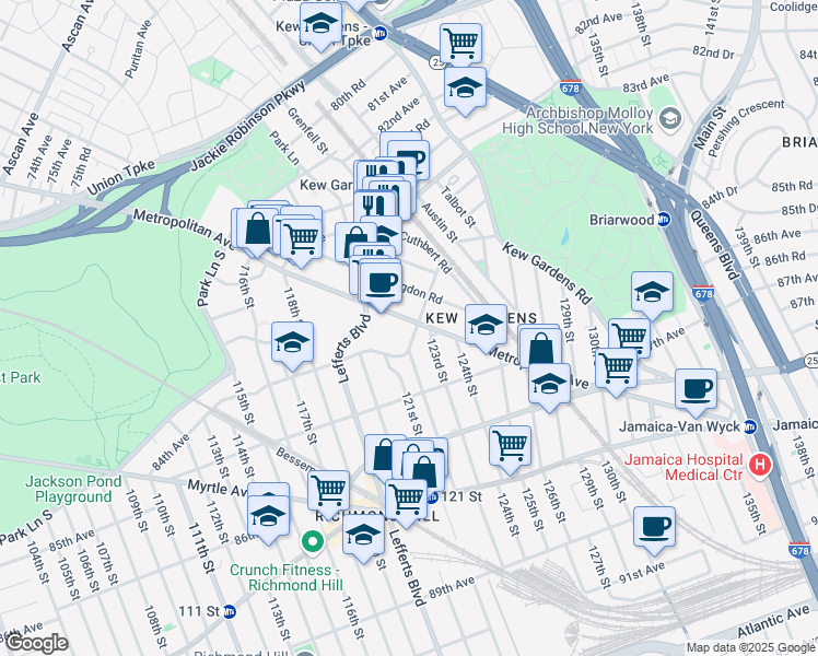 map of restaurants, bars, coffee shops, grocery stores, and more near 83-08 Brevoort Street in Queens