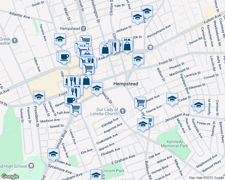map of restaurants, bars, coffee shops, grocery stores, and more near 201 Peninsula Boulevard in Hempstead