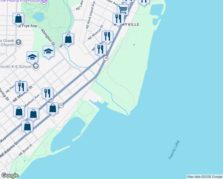 map of restaurants, bars, coffee shops, grocery stores, and more near 165 Grant Street in Peoria