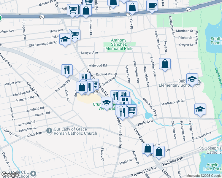 map of restaurants, bars, coffee shops, grocery stores, and more near 36 Philip Walk in West Babylon