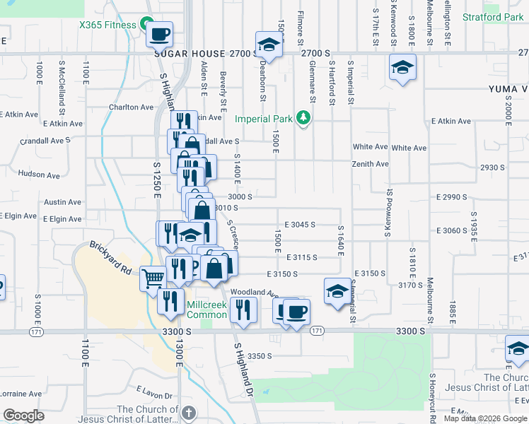 map of restaurants, bars, coffee shops, grocery stores, and more near 1476 East 3010 South in Salt Lake City