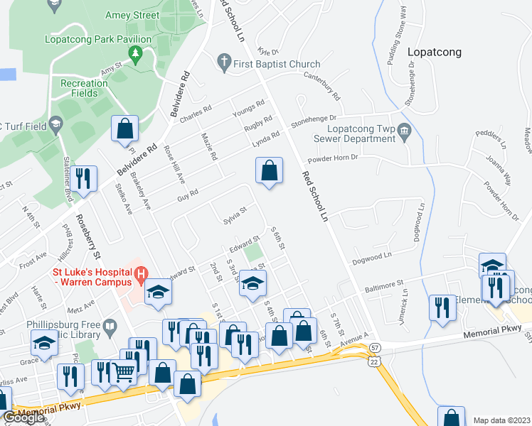 map of restaurants, bars, coffee shops, grocery stores, and more near 407 Edward Street in Phillipsburg
