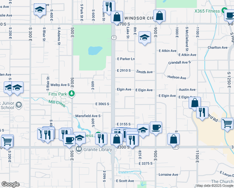 map of restaurants, bars, coffee shops, grocery stores, and more near 684 Leland Avenue South in South Salt Lake
