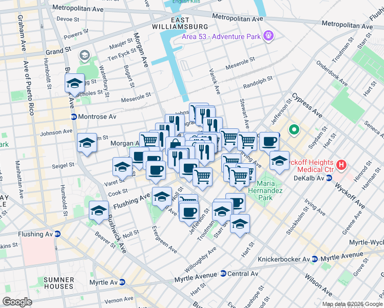 map of restaurants, bars, coffee shops, grocery stores, and more near 75 Thames Street in Brooklyn