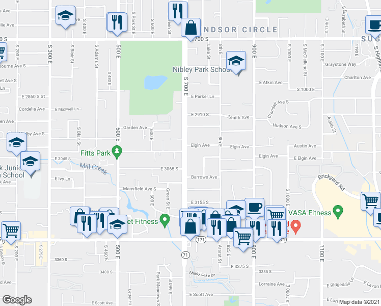 map of restaurants, bars, coffee shops, grocery stores, and more near 684 Leland Avenue South in South Salt Lake