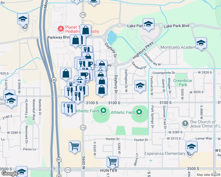 map of restaurants, bars, coffee shops, grocery stores, and more near 3010 Tower Hill Way in West Valley City