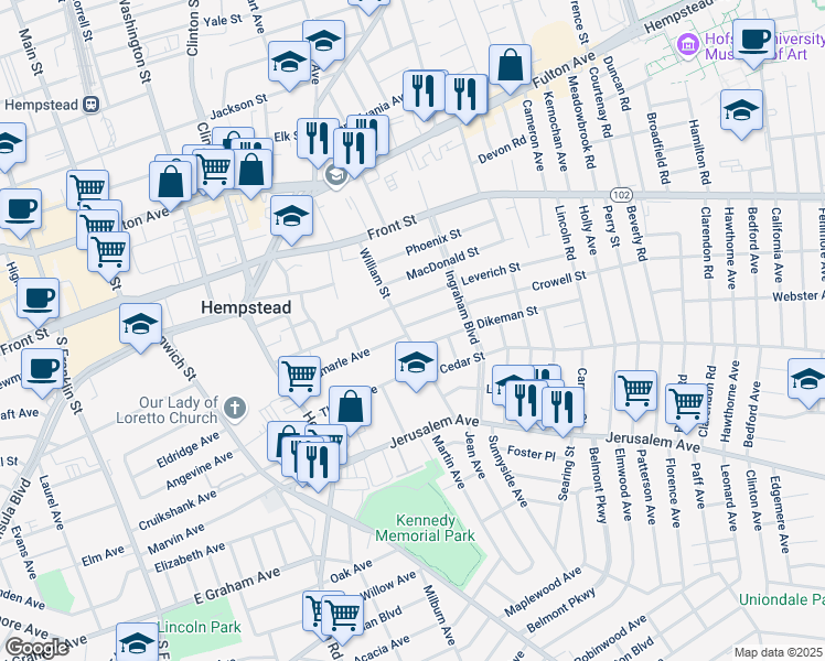 map of restaurants, bars, coffee shops, grocery stores, and more near 6 Crowell Street in Hempstead