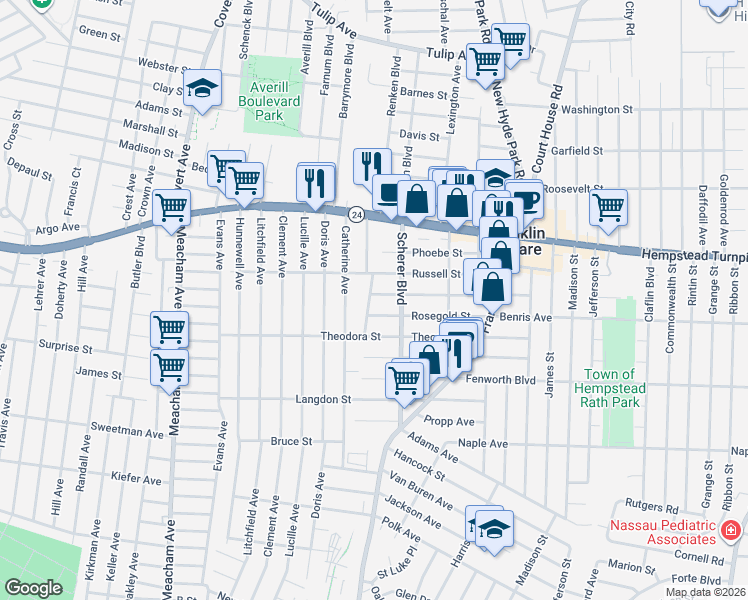 map of restaurants, bars, coffee shops, grocery stores, and more near 1115 Mosefan Street in Franklin Square