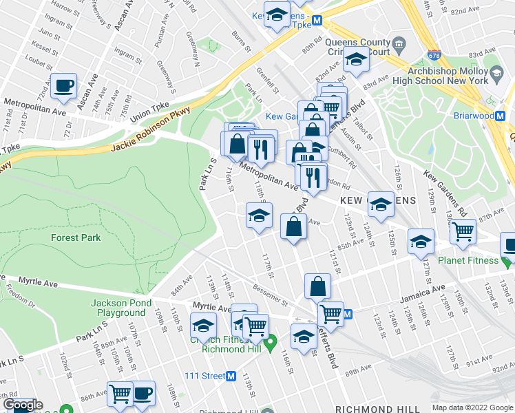 map of restaurants, bars, coffee shops, grocery stores, and more near 83-60 118th Street in Queens