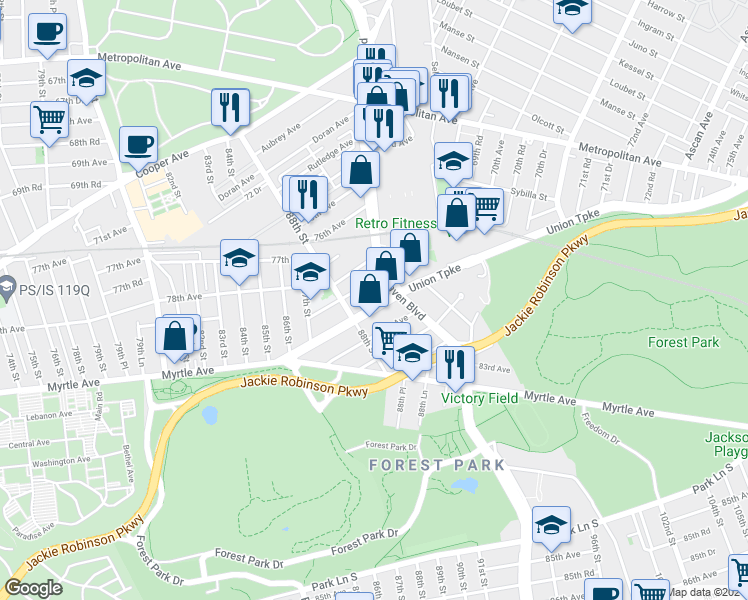 map of restaurants, bars, coffee shops, grocery stores, and more near 88-18 79th Avenue in Queens