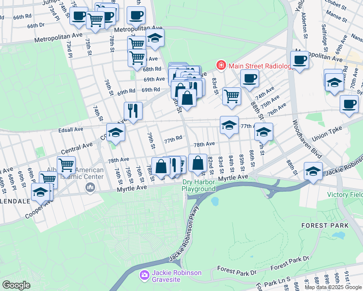 map of restaurants, bars, coffee shops, grocery stores, and more near 79-73 78th Avenue in Queens