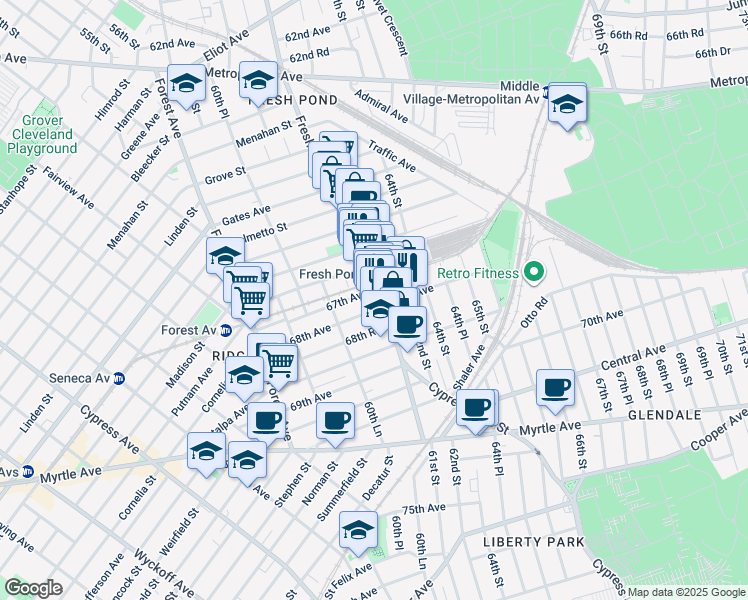 map of restaurants, bars, coffee shops, grocery stores, and more near 6715 Fresh Pond Road in Queens