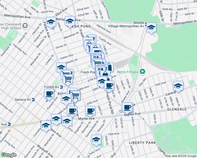 map of restaurants, bars, coffee shops, grocery stores, and more near 60-75 67th Avenue in Queens