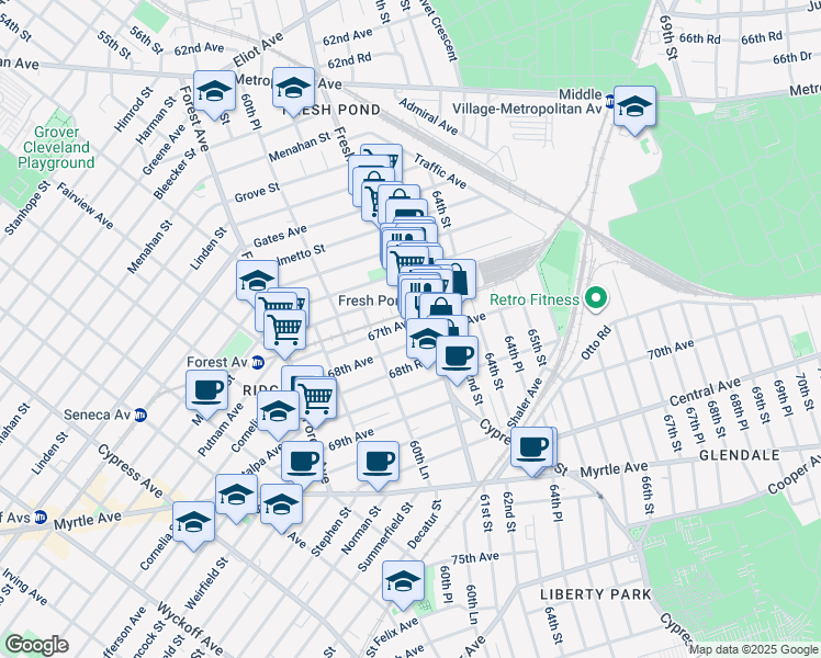 map of restaurants, bars, coffee shops, grocery stores, and more near 60-75 67th Avenue in Queens
