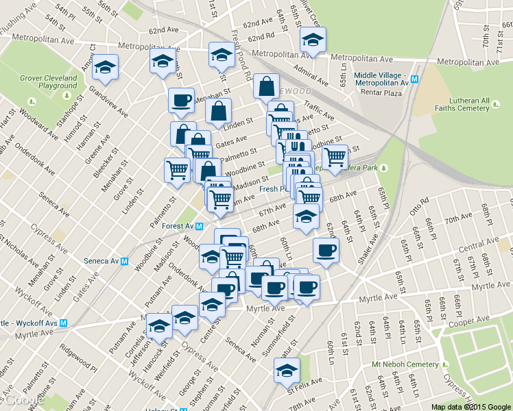 map of restaurants, bars, coffee shops, grocery stores, and more near 66-16 60th Lane in Queens