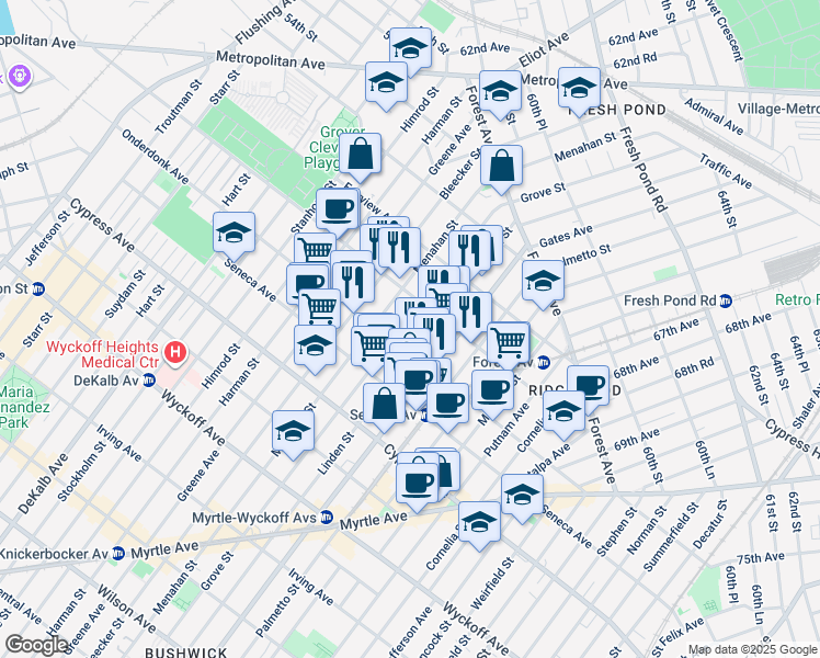 map of restaurants, bars, coffee shops, grocery stores, and more near in Queens