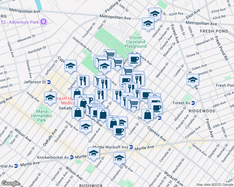 map of restaurants, bars, coffee shops, grocery stores, and more near 17-16 Himrod Street in Queens