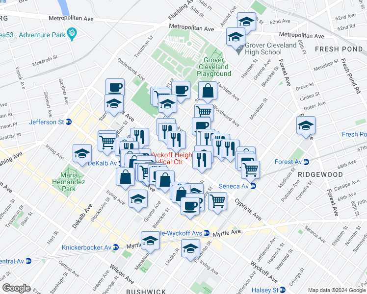 map of restaurants, bars, coffee shops, grocery stores, and more near 17-16 Himrod Street in Queens