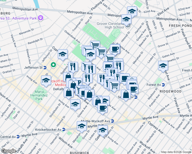 map of restaurants, bars, coffee shops, grocery stores, and more near 17-16 Himrod Street in Queens