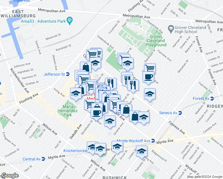map of restaurants, bars, coffee shops, grocery stores, and more near 403 Stockholm Street in Brooklyn