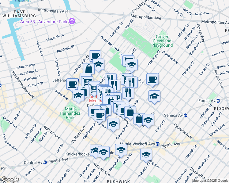 map of restaurants, bars, coffee shops, grocery stores, and more near 403 Stockholm Street in Brooklyn