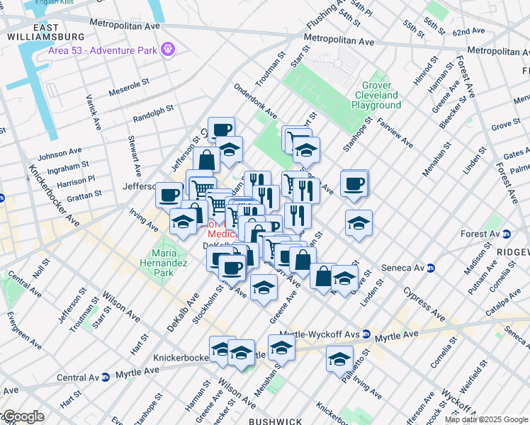 map of restaurants, bars, coffee shops, grocery stores, and more near 403 Stockholm Street in Brooklyn