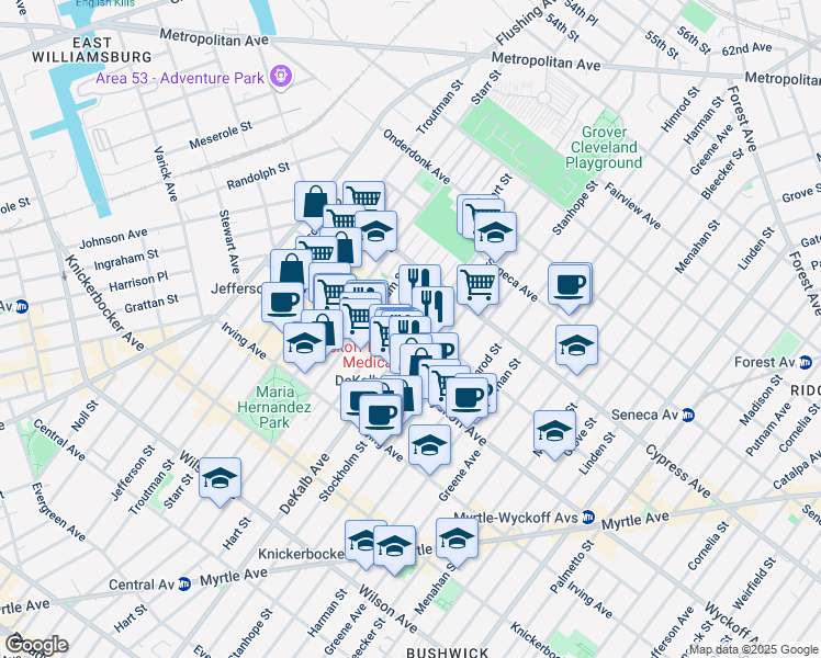 map of restaurants, bars, coffee shops, grocery stores, and more near 114 Saint Nicholas Avenue in Brooklyn