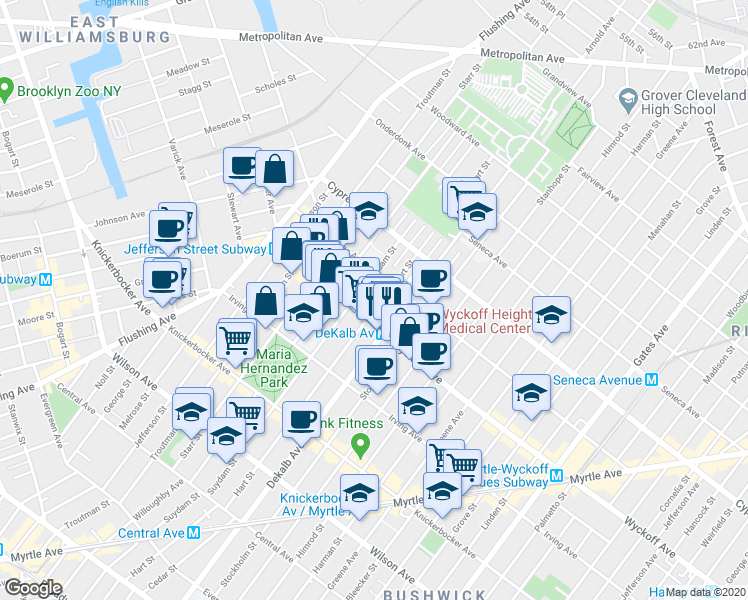 map of restaurants, bars, coffee shops, grocery stores, and more near 404 Suydam Street in Brooklyn