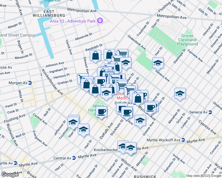 map of restaurants, bars, coffee shops, grocery stores, and more near 52 Wyckoff Avenue in Brooklyn