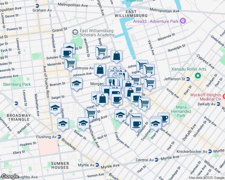 map of restaurants, bars, coffee shops, grocery stores, and more near 12 Harrison Place in Brooklyn