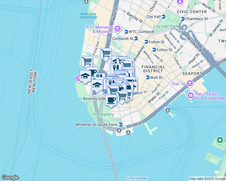 map of restaurants, bars, coffee shops, grocery stores, and more near 90 Broad Street in New York