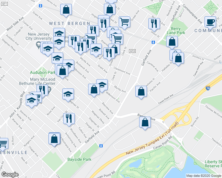 map of restaurants, bars, coffee shops, grocery stores, and more near 46 Clerk Street in Jersey City