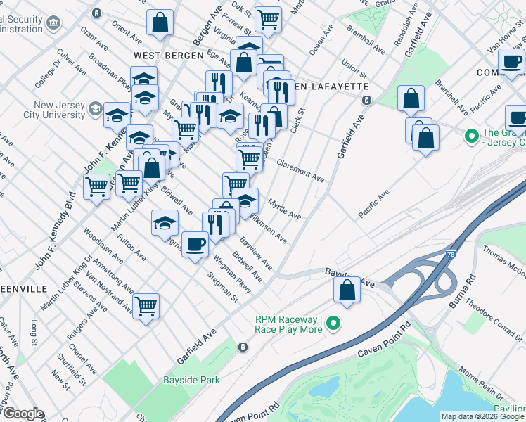 map of restaurants, bars, coffee shops, grocery stores, and more near 44 Clerk Street in Jersey City