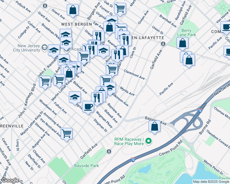 map of restaurants, bars, coffee shops, grocery stores, and more near 44 Clerk Street in Jersey City