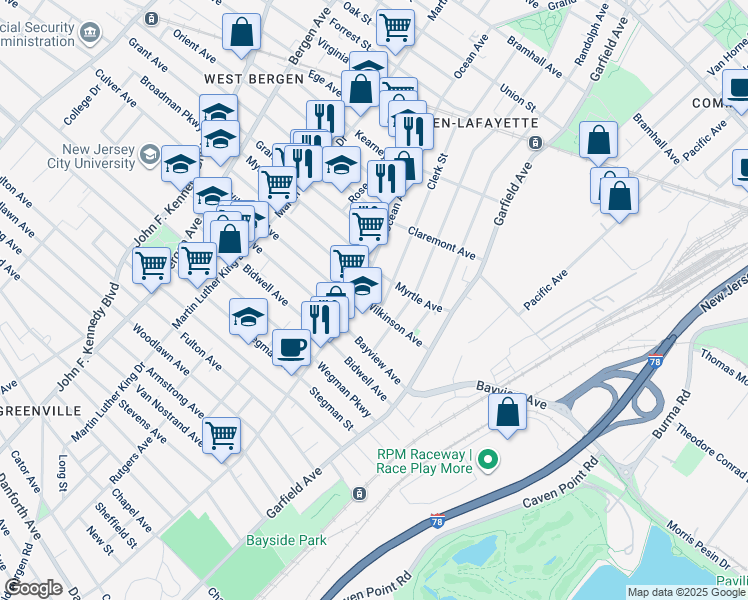 map of restaurants, bars, coffee shops, grocery stores, and more near 44 Clerk Street in Jersey City