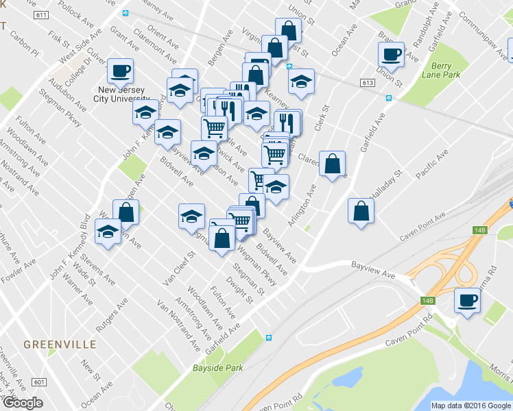 map of restaurants, bars, coffee shops, grocery stores, and more near 557 Ocean Avenue in Jersey City