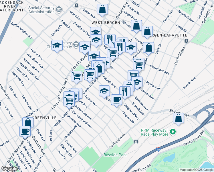 map of restaurants, bars, coffee shops, grocery stores, and more near 168 Wegman Parkway in Jersey City