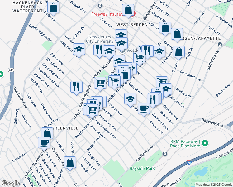 map of restaurants, bars, coffee shops, grocery stores, and more near 158 Martin Luther King Drive in Jersey City